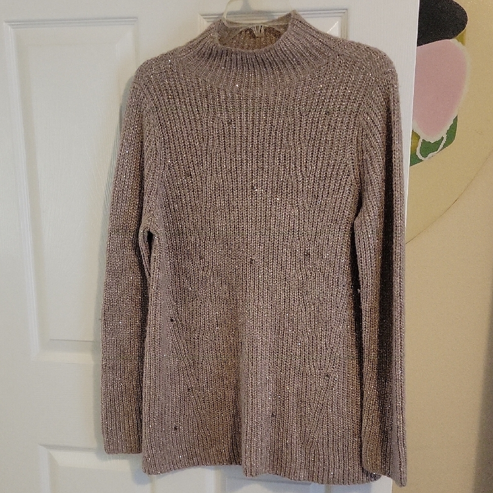 Chicos sz1 Elegant Taupe ribbed mockneck Sweater with sparkle